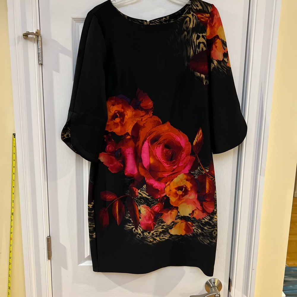 Ladies Size 14 "Julian Taylor" Black Dress with Red and Orange Floral Design GUC